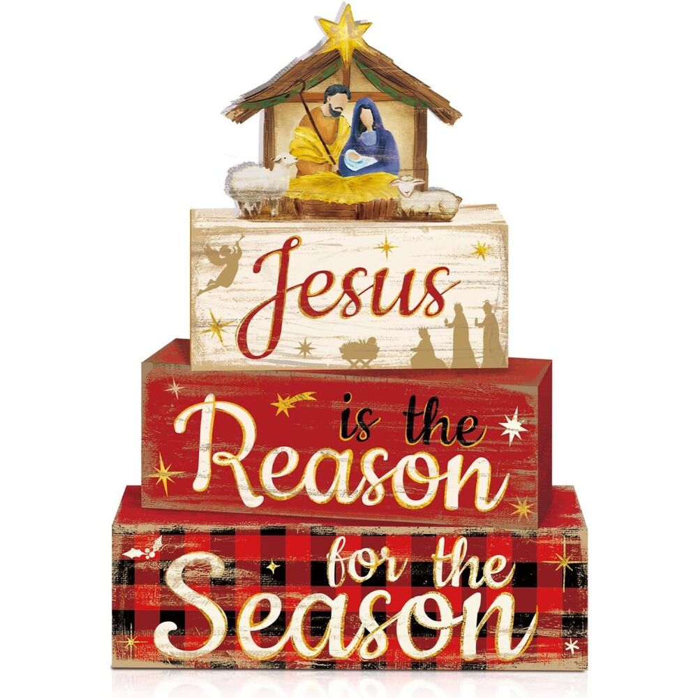 NEW NIB Jesus is the Reason for the Season 4pc Wood Block Nativity Set Decor